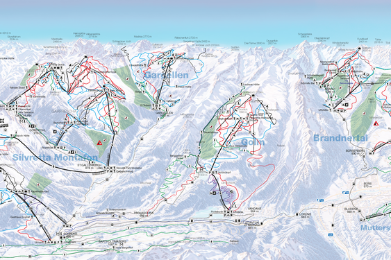 Illustrated winter panorama featuring all cable cars and ski areas of the Montafon and Brandnertal holiday region – set against the impressive landscape of the Austrian Alps.