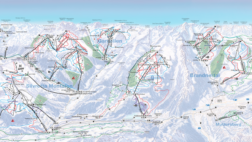 Illustrated winter panorama featuring all cable cars and ski areas of the Montafon and Brandnertal holiday region – set against the impressive landscape of the Austrian Alps.