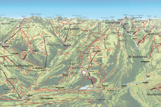 Illustrated summer panorama featuring all cable cars in the Montafon and Brandnertal holiday region – set within the impressive landscape of the Austrian Alps.